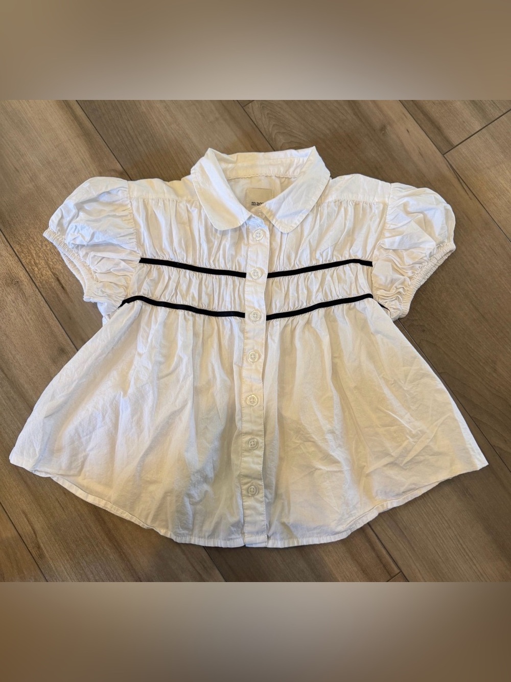 Maeve White Button-Front Puff Sleeve Blouse with Black Piping